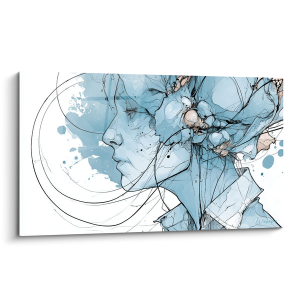 Tableau Profil bleu et blanc aux volutes filiformes - Éclaboussures d'encre aérienne - Edition Visage abstrait