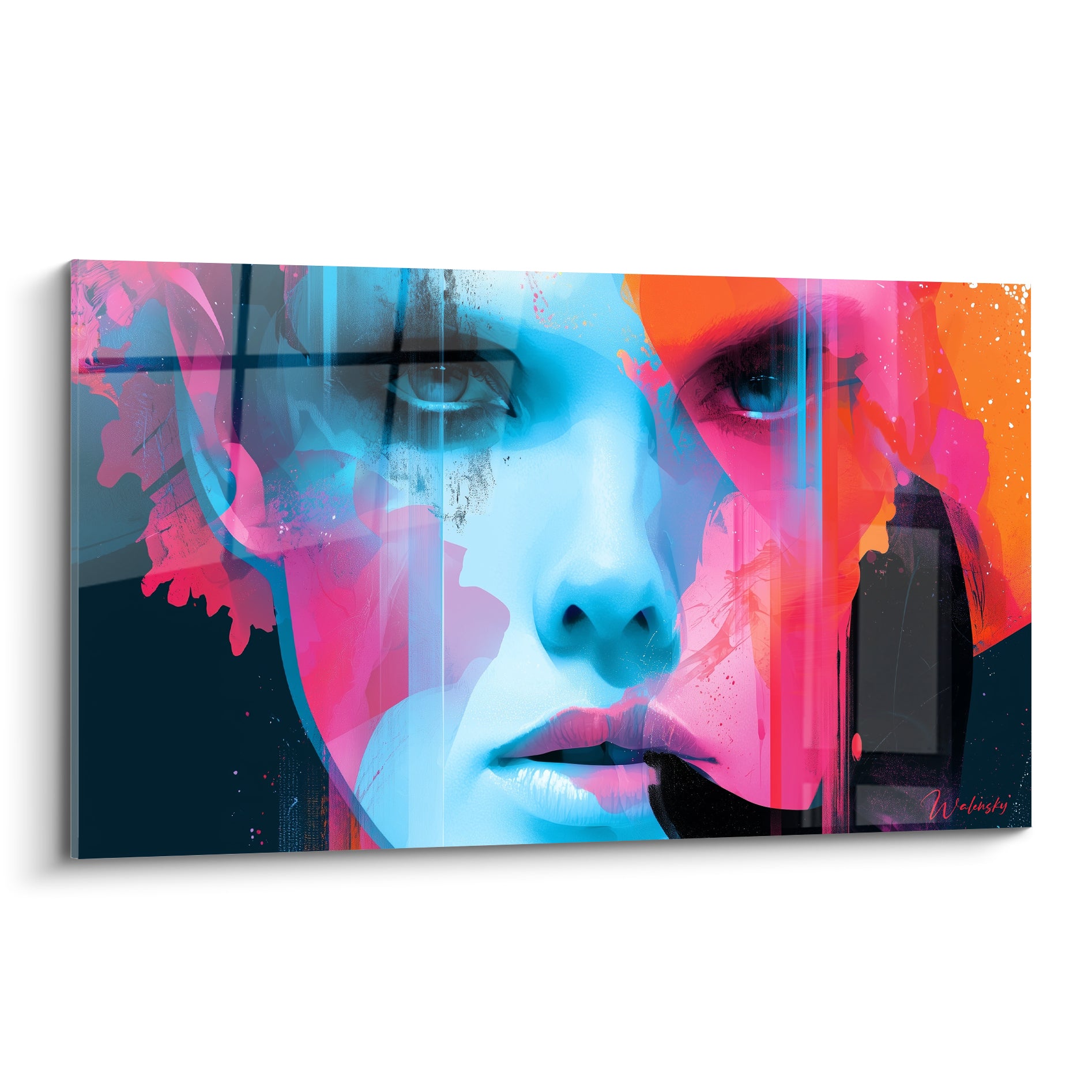 Visage abstrait divisé en bleu cyan glacé et orange fauve, rayures anthracite et éclats fuchsia
