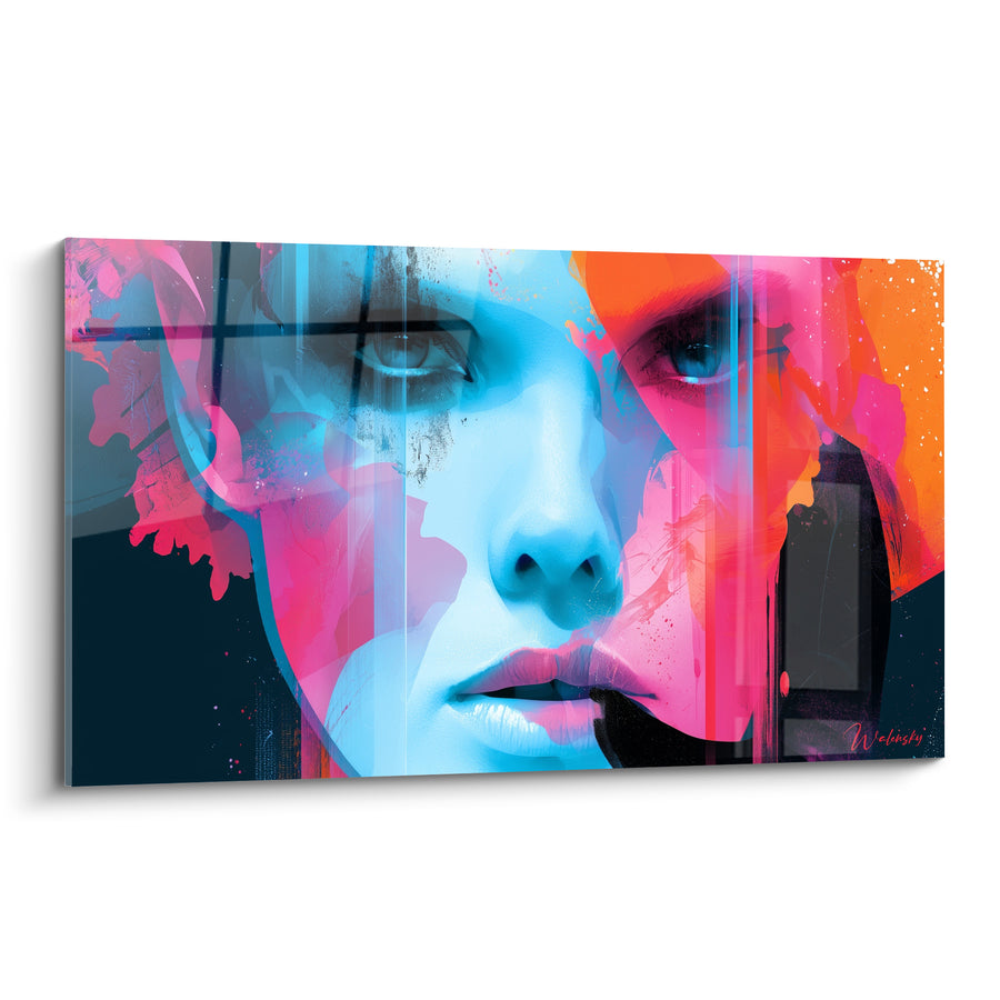 Tableau Visage cyan et fuchsia aux éclaboussures fleuries - Regard bicolore intense - Edition Visage abstrait