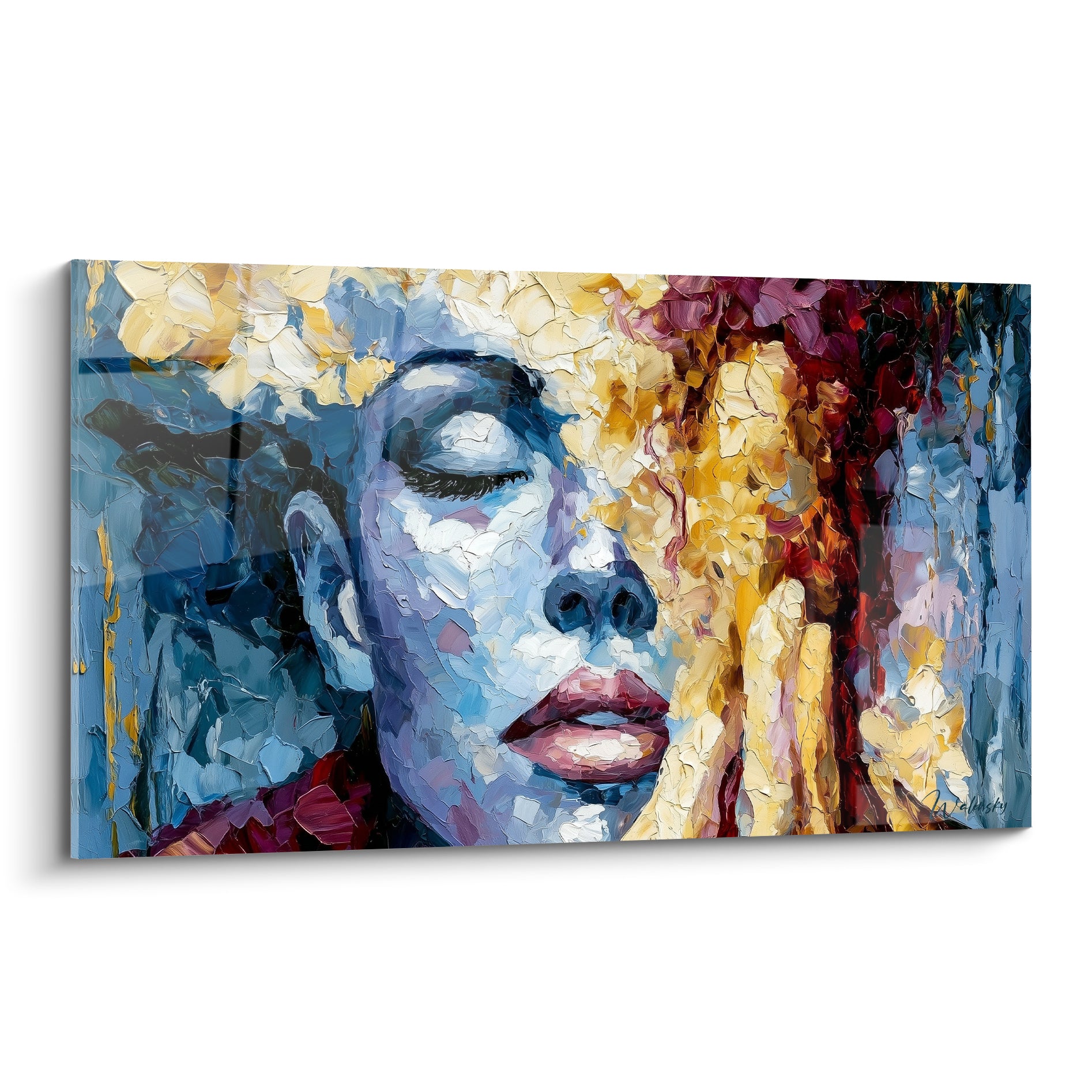 Visage abstrait aux yeux clos, bleu profond et reflets dorés, technique au couteau texturée
