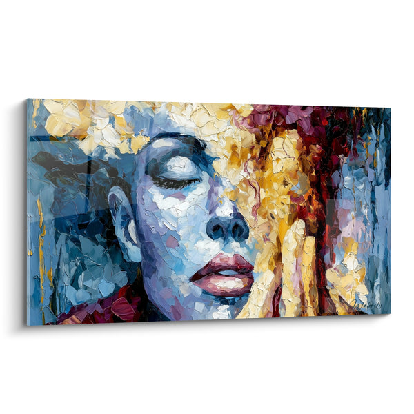 Tableau Visage bleu aux mèches dorées - Instant de recueillement - Edition Visage abstrait