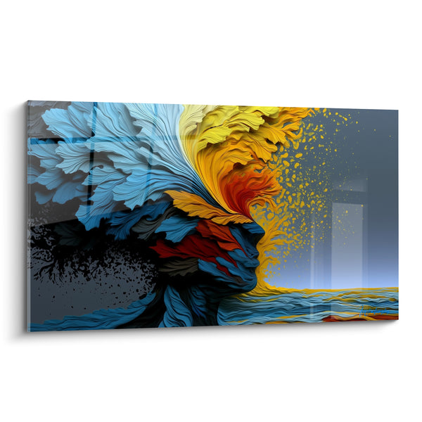Tableau Profil sculpté bleu et jaune aux plumes déployées - Éclaboussures dorées dispersées - Edition Visage abstrait