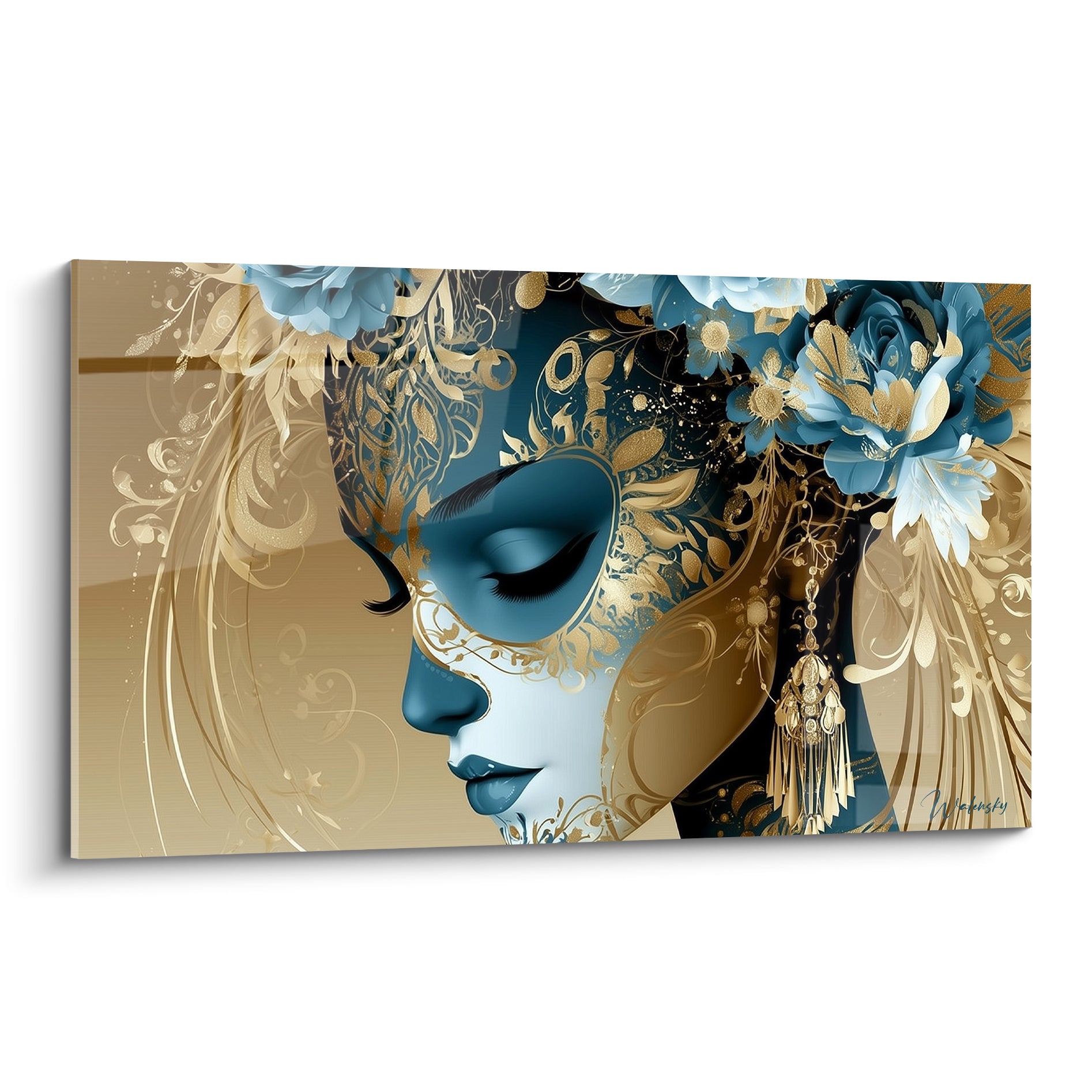 Visage abstrait féminin bleu profond couronné de roses dorées et bleu pastel, profil serein