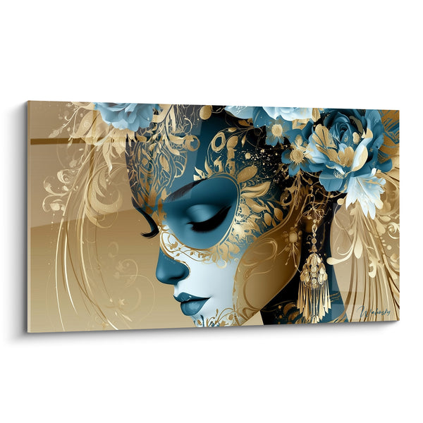 Tableau Visage féminin bleu et doré fleuri - Rêverie dorée - Edition Visage abstrait