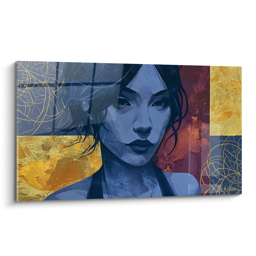 Tableau Portrait bleu et doré aux volutes filigranées - Fond bordeaux marbré - Edition Visage abstrait