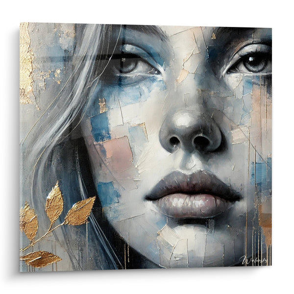 Tableau Visage féminin bleu doré et rameau - Regard suspendu - Edition Visage asbtrait
