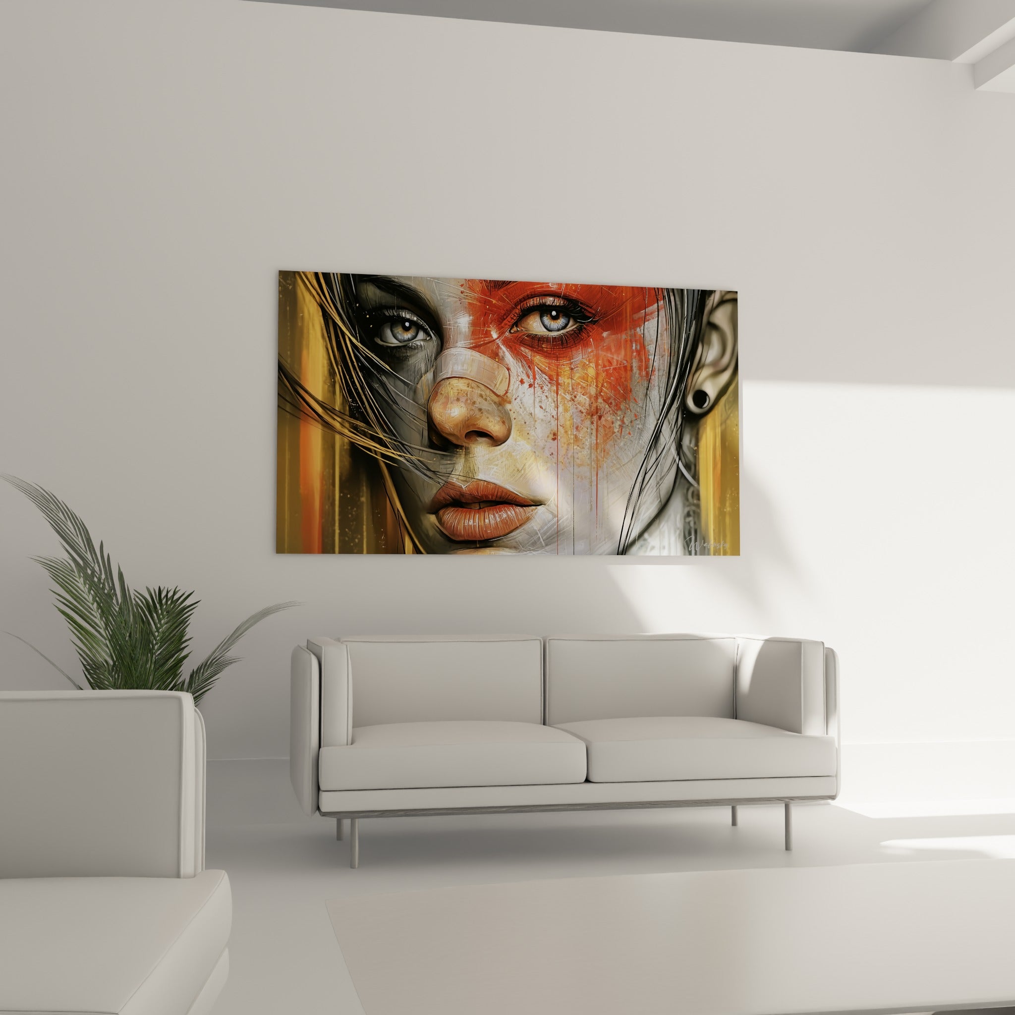 Regard bleu et traits graphiques d'un visage abstrait terracotta, suspendu au-dessus d'un canapé dans un salon lumineux