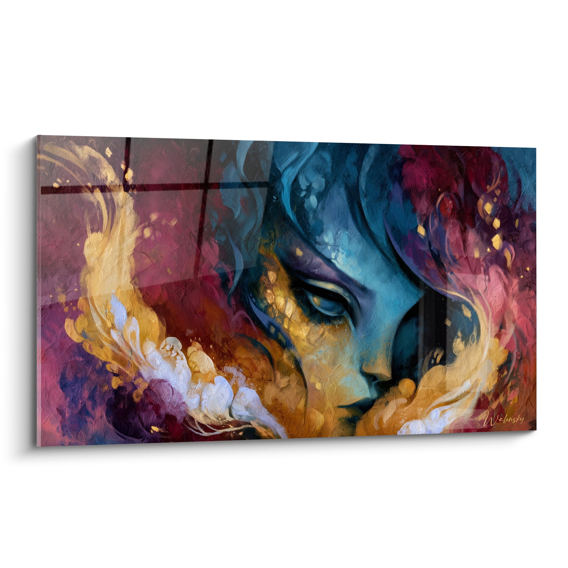 Visage bleu nuit aux volutes dorées et fond pourpre, tableau visage abstrait à la matière expressive