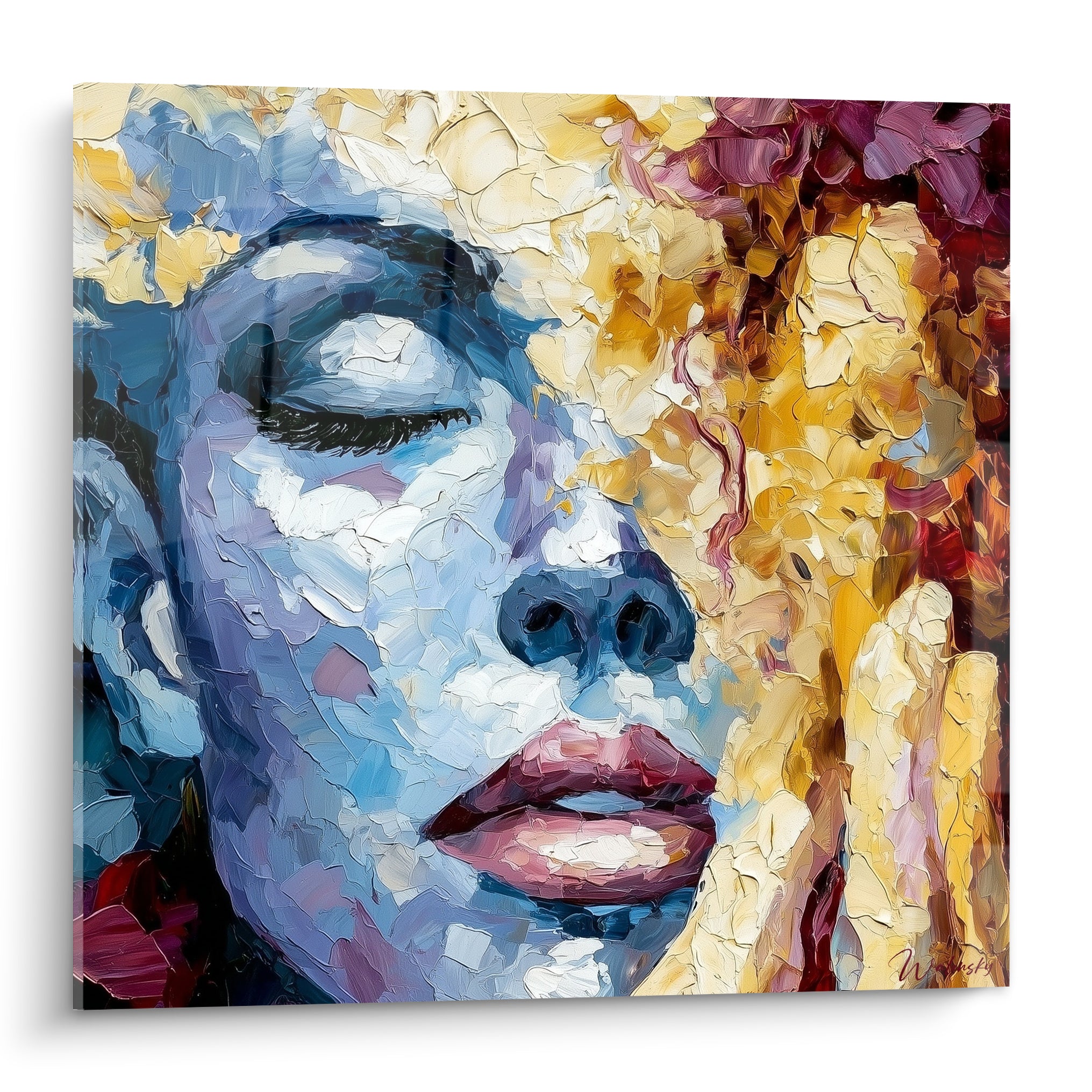 Visage abstrait aux yeux clos, bleu glacé et chevelure dorée peinte au couteau à peindre