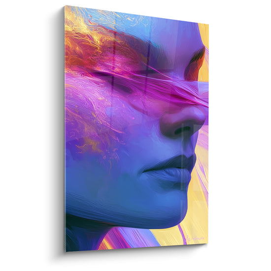 Tableau Visage bleu et jaune au bandeau fuchsia - Voile lumineux flamboyant - Edition Visage abstrait