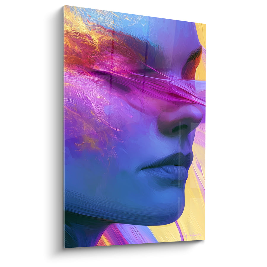 Tableau Visage bleu et jaune au bandeau fuchsia - Voile lumineux flamboyant - Edition Visage abstrait