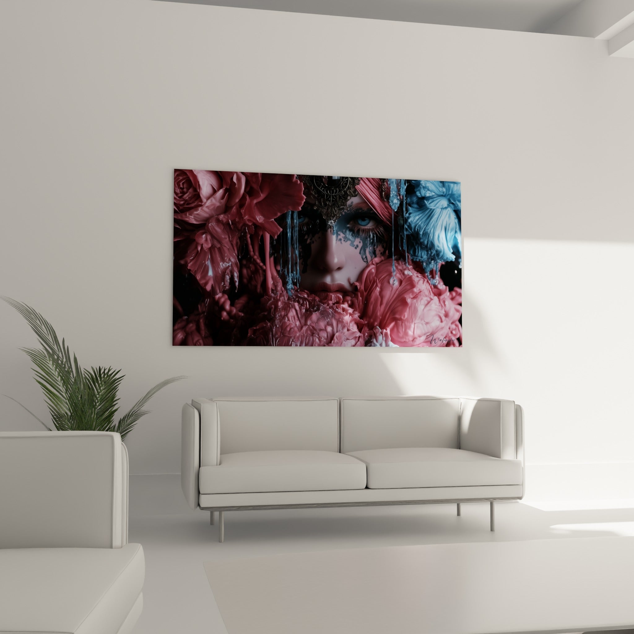 Portrait aux pétales roses et bleu pastel, regard perçant, au-dessus d'un canapé dans un salon lumineux