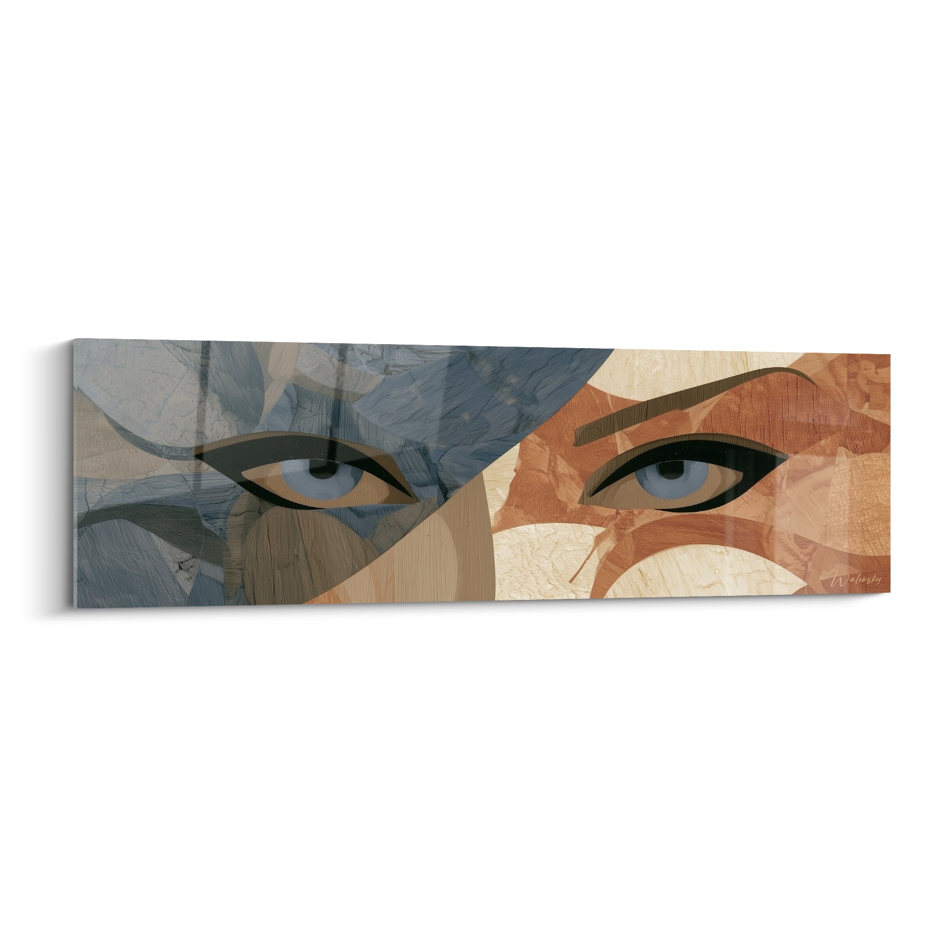 Visage abstrait aux tons bleu gris et terracotta, regard fixe et texture façon bois veiné
