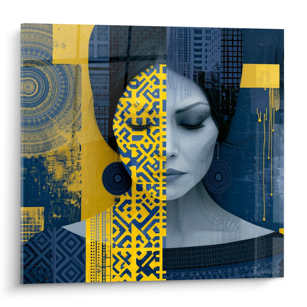 Tableau Visage mi-peint bleu et jaune moucharabieh - Dualité intérieure - Edition Visage abstrait