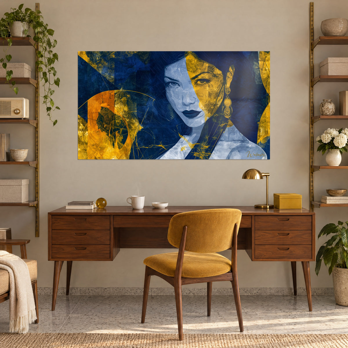 Schilderij vrouwengezicht in kobaltblauwe en honingkleurige vlakken, gouden craquelé, bevestigd boven een teakhouten bureau en een mosterdgele fauteuil