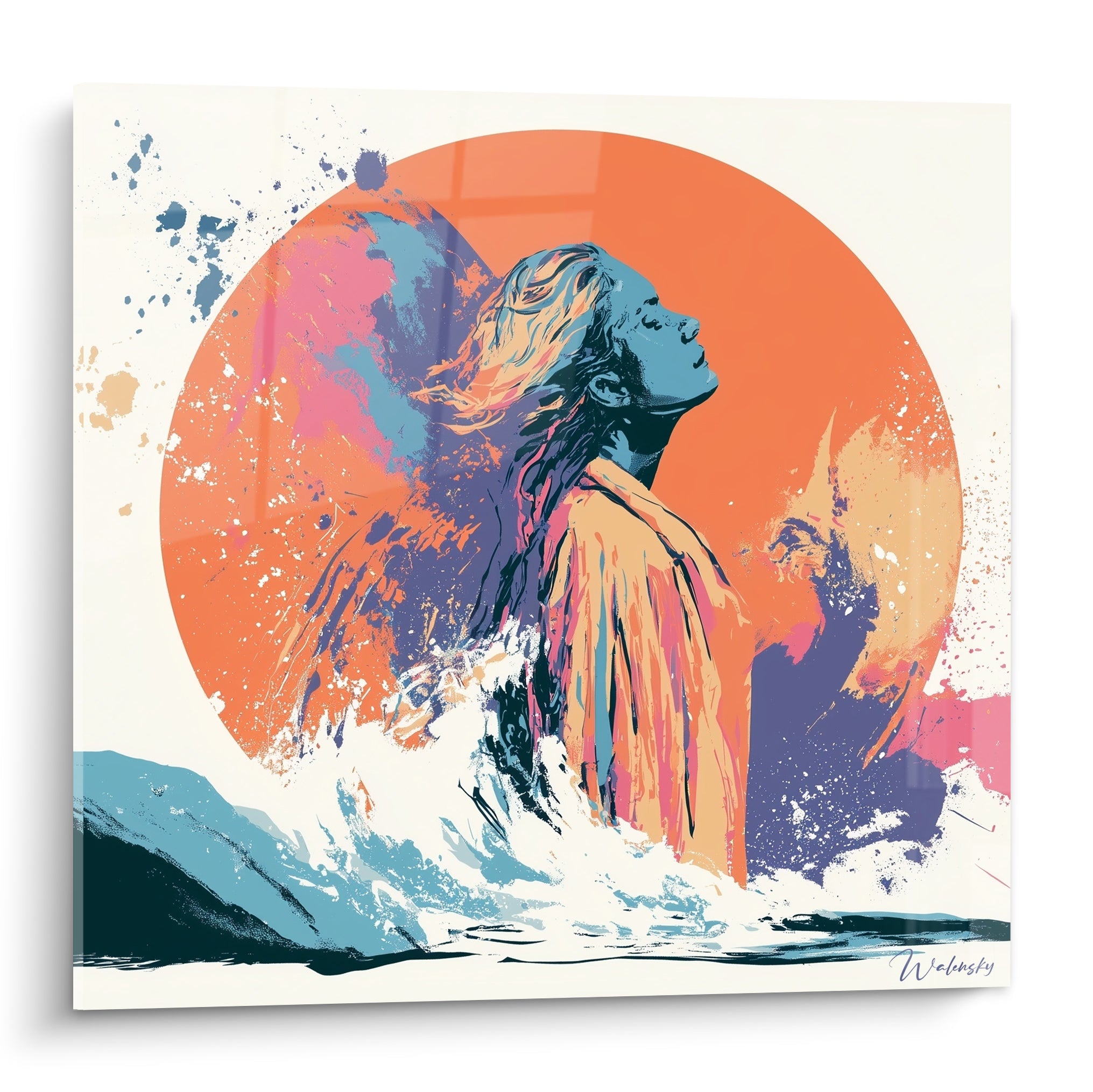Silhouette bleu marine tournée vers un cercle orange, éclaboussures roses et turquoise, style pictural expressif