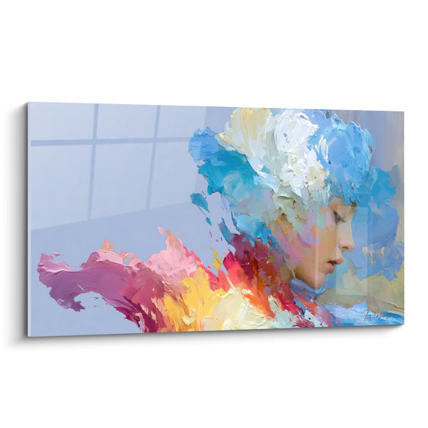 Tableau Visage bleu et rose aux éclaboussures flamboyantes - Profil au regard baissé - Edition Visage abstrait