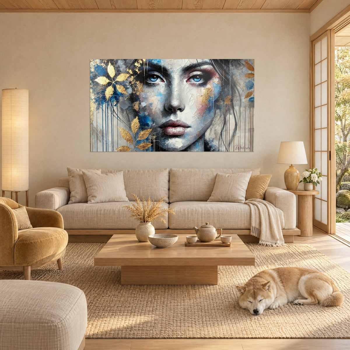 Cuadro retrato fragmentado de ojos azules, detalles de pan de oro y goterones grises, shiba tumbado, encima de un sofá en un salón luminoso
