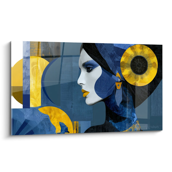 Tableau Profil bleu et jaune aux boucles d'oreille triangulaires - Cercles solaires géométriques - Edition Visage abstrait