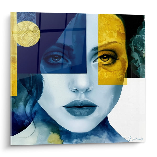 Tableau Visage bleu et jaune au médaillon doré - Fenêtre à croisillons - Edition Visage abstrait