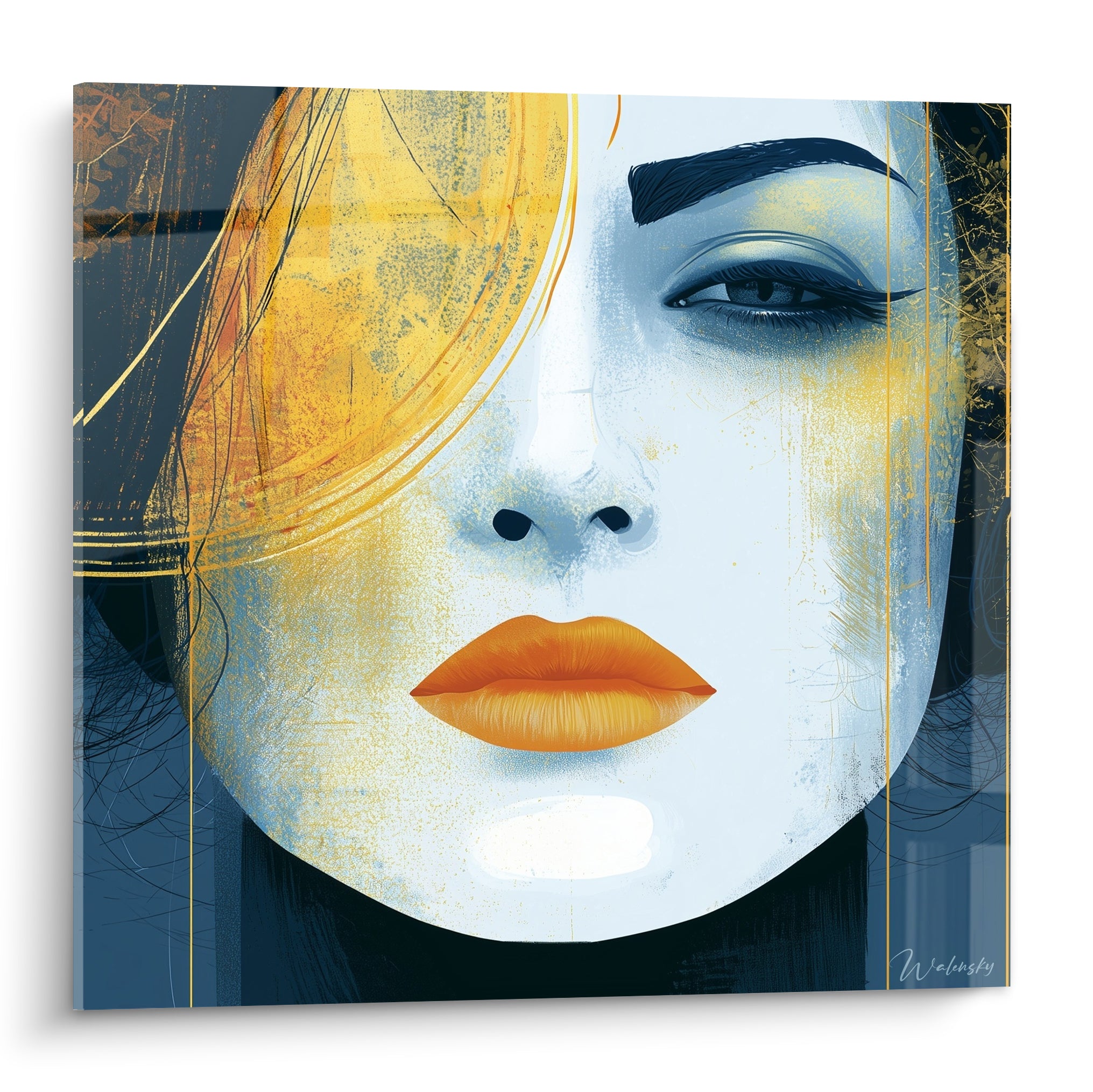 Visage abstrait aux teintes bleu marine et dorées, lèvres orangées et regard mi-clos intense