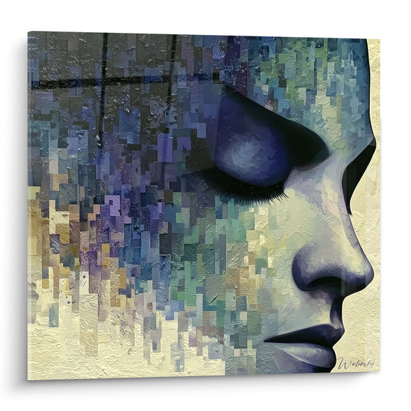 Tableau Visage bleu et doré aux pixels fragmentés - Songe fragmenté - Edition Visage abstrait