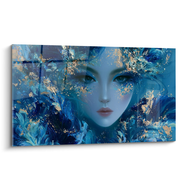 Tableau Visage bleu et doré aux pétales peints - Émergence océanique - Edition Visage abstrait