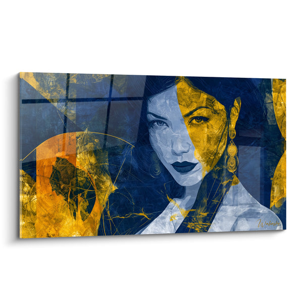 Tableau Portrait féminin bleu marine et doré - Double regard intense - Edition Visage abstrait