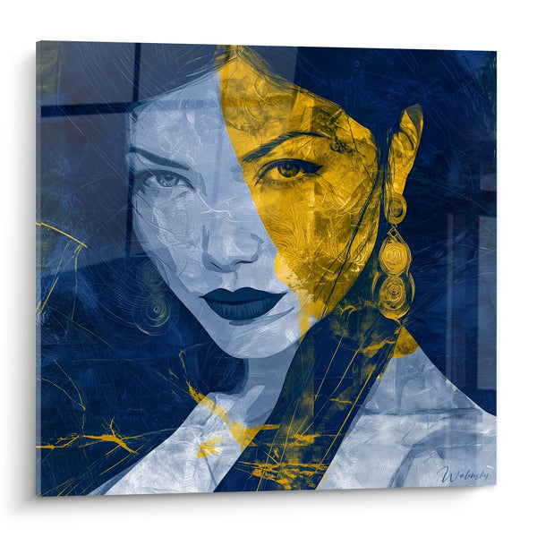 Tableau Visage bicolore bleu marine et doré - Double identité - Edition Visage abstrait