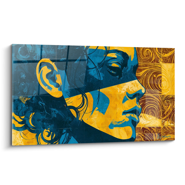 Tableau Profil bleu et jaune aux boucles spiralées - Diagonale tranchante nette - Edition Visage abstrait