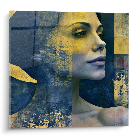 Visage abstrait de femme en profil, tons bleu marine et doré, texture picturale empâtée