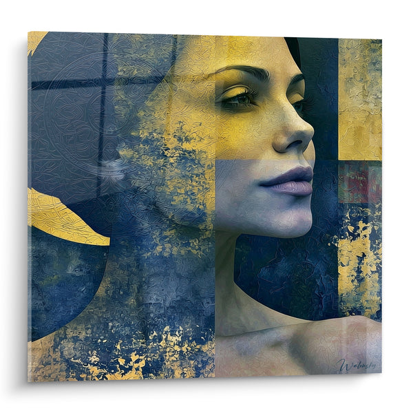 Tableau Portrait féminin bleu marine et doré fragmenté - Pensée fragmentée - Edition Visage abstrait
