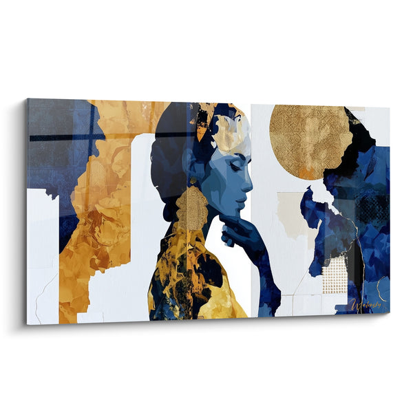 Tableau Silhouette bleu marine et doré en collage - Instant de réflexion - Edition Visage abstrait