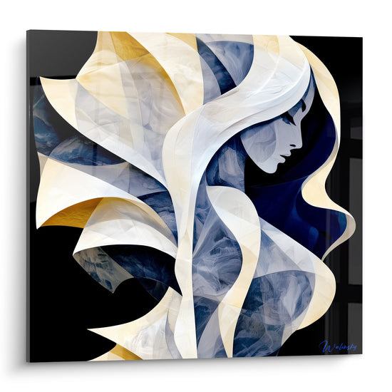 Visage abstrait aux rubans bleu marine et dorés sur fond noir profond, courbes fluides et lumineuses
