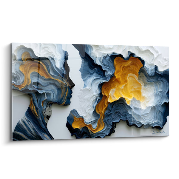 Tableau Profil bleu marine et doré face à un nuage éclaté - Volutes sculptées en relief - Edition Visage abstrait