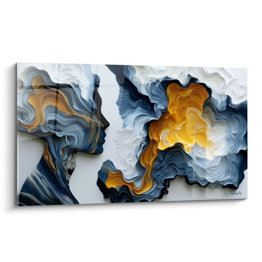 Tableau Profil bleu marine et doré face à un nuage éclaté - Volutes sculptées en relief - Edition Visage abstrait