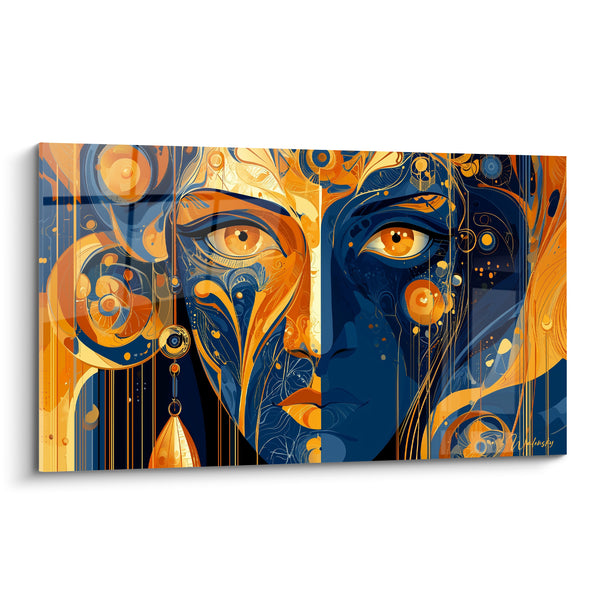 Tableau Visage bleu marine et orange à la boucle d'oreille pendante - Symétrie spirales dorées - Edition Visage abstrait