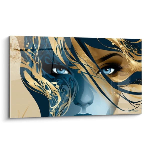 Tableau Visage bleu marine et doré aux arabesques entrelacées - Yeux bleu perçants - Edition Visage abstrait