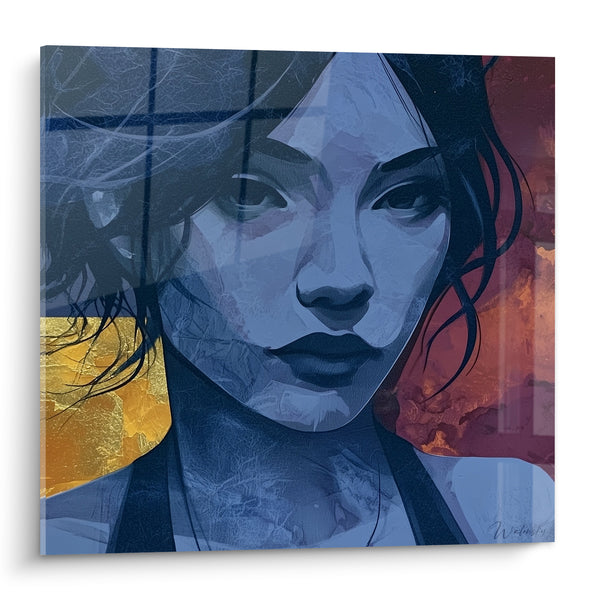 Tableau Portrait bleu marine et doré aux mèches sombres - Regard qui traverse - Edition Visage abstrait