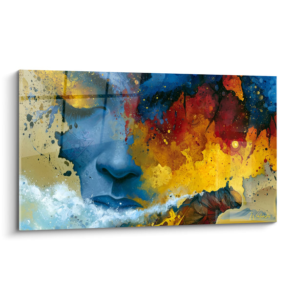 Tableau Visage bleu et flammes oranges - Collision des éléments - Edition Visage abstrait