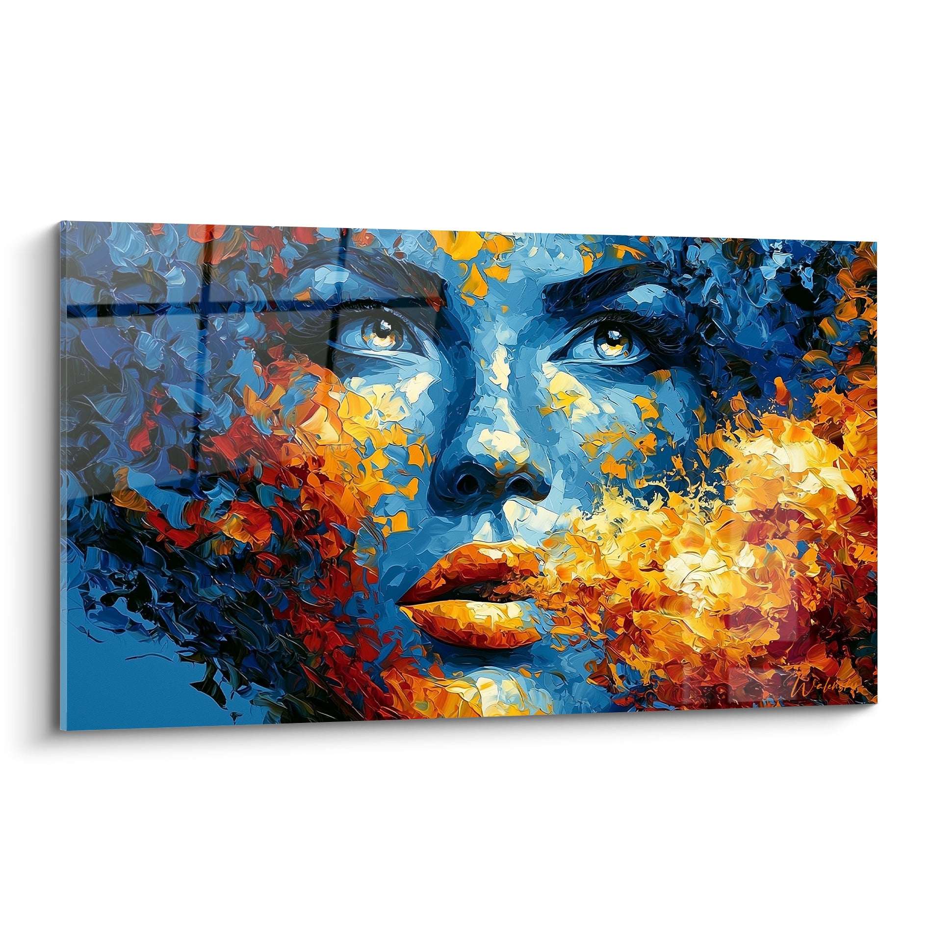 Visage abstrait aux yeux clairs, peau bleu marine et flammes orangées peintes au couteau