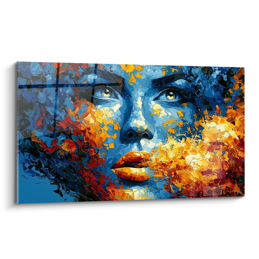 Tableau Visage bleu et orange embrasé de flammes - Regard incendié - Edition Visage abstrait