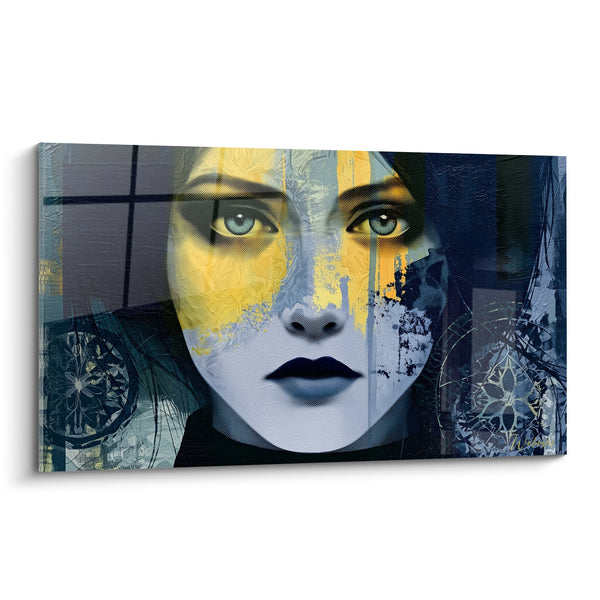 Tableau Visage bleu marine et jaune ocre mandalas - Double intensité - Edition Visage abstrait