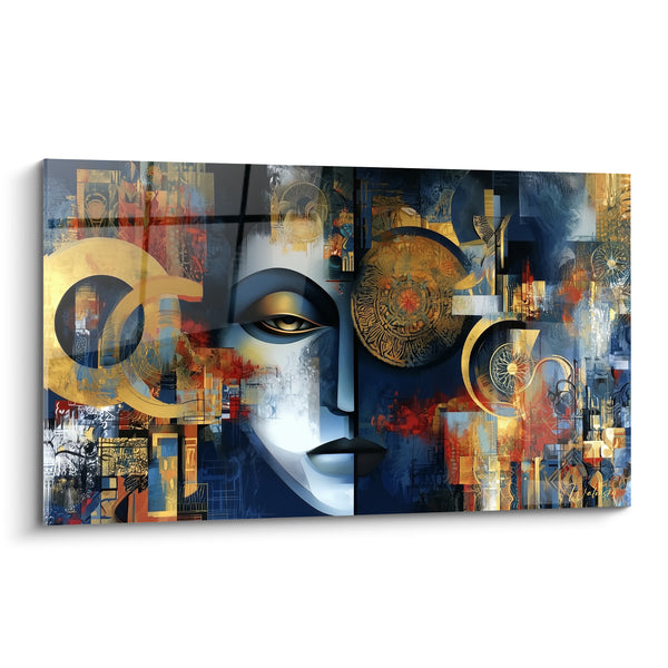 Tableau Visage bleu marine et doré aux mandalas - Sérénité fragmentée - Edition Visage abstrait