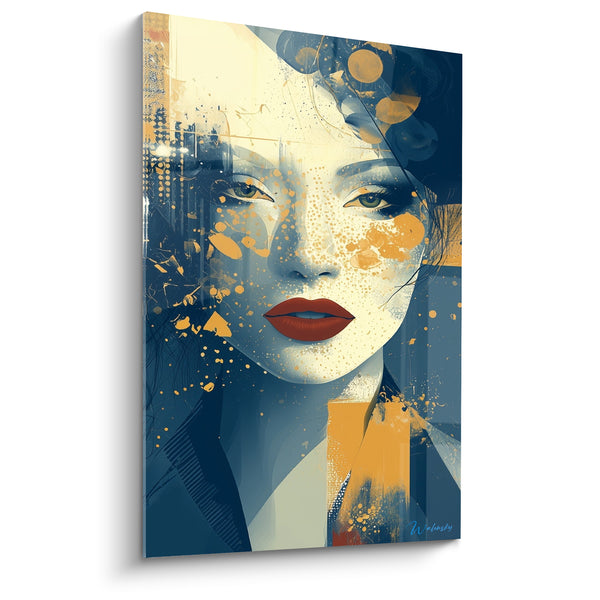 Tableau Visage bleu marine et ocre aux pois dorés - Cercles ocre en cascade - Edition Visage abstrait