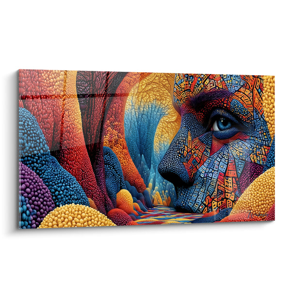 Tableau Visage mosaïque bleu et ocre en profil - Paysage intérieur - Edition Visage abstrait