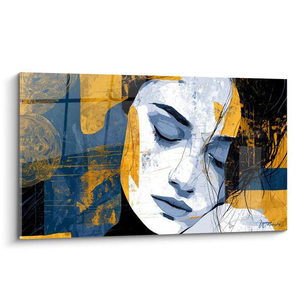 Tableau Visage bleu et doré aux volutes gravées - Paupières closes cheveux dénoués - Edition Visage abstrait