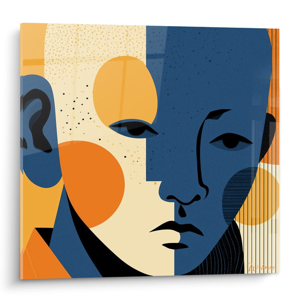 Tableau Visage géométrique bleu marine et orange - Double nature - Edition Visage abstrait