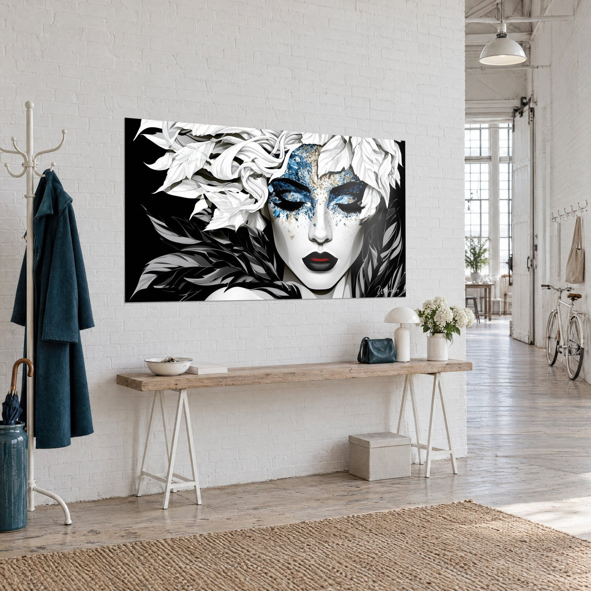 Wall art graphic portrait with red lips on black, crown of white leaves, glacier blue sparkles, artist loft seen from three-quarter view