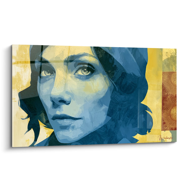 Tableau Portrait bleu et jaune au médaillon ocre gravé - Regard vers l'horizon - Edition Visage abstrait